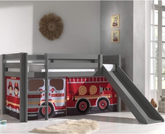 Vipack 'Pino' Halbhochbett 90x200 cm, grau, Kiefer massiv, mit Rutsche und Textilset 'Fire Rescue'
