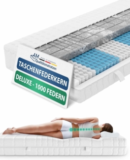 AM Qualitätsmatratzen 3D Deluxe 7-Zonen Taschenfederkernmatratze 90x200 H3 - Orthopädische Matratze 24 cm hoch - Tonnentaschenfederkernmatratze 90x200 1000 Federn - Made in Germany