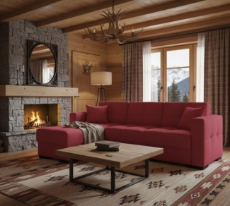 Dmora - Schlafsofa mit Halbinsel Fernando, Wende-Ecksofa, Wohnzimmersofa mit Chaiselongue und 2 Kissen, 230 x 150 x 81 cm, Rot