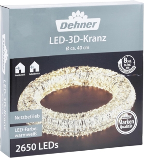 Dehner Lichterkette Adventskranz LED Kranz, Ø 40 cm, Höhe 7 cm, Indoor/Outdoor, Metall, Türkranz mit 2650 LEDs, warmweiß, inkl. Timer-Funktion