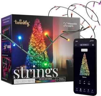Twinkly Strings 750 RGB-LEDs, LED-Leuchten für den Außen- und Innenbereich, Smarte LED-Lichter, Kompatibel mit Alexa und Google Home, IP44, Weihnachtsdeko, App-Steuerung, Schwarzes Kabel, 60 m