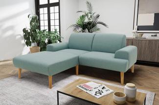 DOMO Collection Salinas Ecksofa mit Federkern, kleines Federkernsofa mit Holzfüßen und schwebender Optik, Sofa, Couch, Eckcouch, Eisblau, 217x176 cm