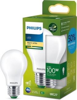 Philips LED Classic ultraeffiziente E27 Lampe (100 W), matte LED Lampe mit warmweißem Licht, energiesparende Lampe mit langer Nutzlebensdauer, Energieeffizienzklasse A, Weiß