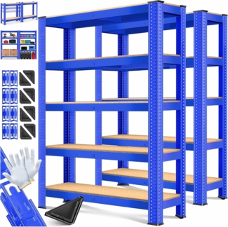 MASKO® 2er-Set Lagerregal Schwerlastregal, Kellerregal, 180 x 90 x 40 cm, bis 875 kg belastbar, 5 verstellbare Ablagen, MDF-Platten Regal aus Metall, Steckregal, Werkstattregal, Keller, Garage Blau