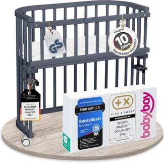 babybay Original Beistellbett aus massivem Buchenholz/kompakt & verwandelbar/Kinderbett Höhe stufenlos verstellbar/mitwachsendes Babybett (schiefergrau lackiert) / inkl. Matratze, Gitter, Rollen