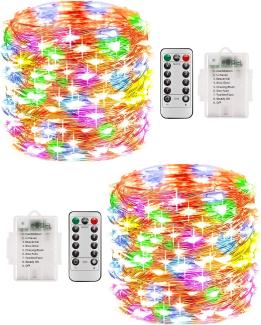 Lichterkette Aussen, 2 Stück 10M 100 LED 8 Modi Kupferdraht Lichterkette Akku, Wasserdichte IP68 mit Fernbedienung und Timer für Weihnachten Partys Garten Hochzeiten Dekoration, Bunt