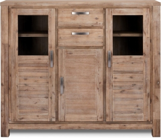 Ibbe Design Vitrineschrank Alaska, Braun Lackiert, Massiv Akazie Holz, mit Glastüren und 2 Schubladen, 160 x 45 x 140 cm