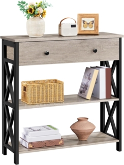 Yaheetech Konsolentisch Beistelltisch mit 1 Schublade und 2 offenen Ablagen 3-Stufiger Flurtisch mit Metallrahmen Schmaler Sofatisch Industrie Design Sideboard für Wohnzimmer/Flur/Eingang