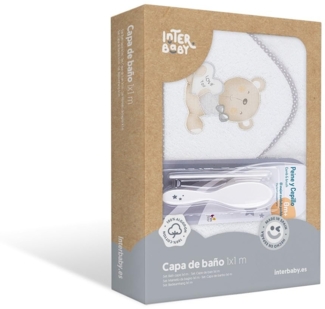 Interbaby P1177-18 Baby Kapuzenbadetuch LOVE YOU weiss e grau, mit Kamm und Bürste, grau