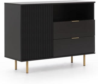 Lomadox Kommode NADOR-132, 107cm breit, matt schwarz, goldfarbene Metallgriffe und -füße