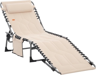 Outsunny Gartenliege mit Kopfkissen, Seitentasche, 5-Fach verstellbare Rückenlehne, Sonnenliege klappbar, 1 St, wetterfeste Liegestuhl, bis 130 kg belastbar, für Garten Strand Pool, Beige