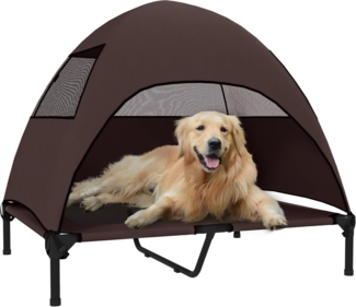 PawHut Tierbett mit Dach, waschbares Mesh Metallrahmen, Tragtasche, Polyester, Für große Hunde, für Draußen Camping 91 x 76 x 90 cm, Kaffee