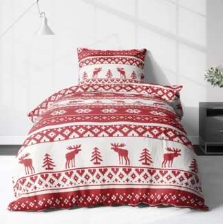LINKHOFF Bettwäsche Biber Weihnachtsbettwäsche 135x200 / 155x220 + Kissen, Winter Bettwäsche Weihnachten Warm Biberbettwäsche Rot Weiß