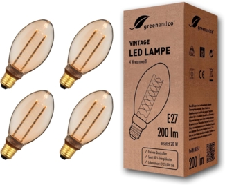greenandco 4x Vintage Design LED Birne zur Stimmungsbeleuchtung | E27 B75 | gold | 4W 200lm | 1800K extra warmweiß | 320° | 230V | flimmerfrei | nicht dimmbar | Edison Glühbirne