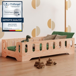 smartwood TILA 2B Kinderbett 90x200 mit Rausfallschutz und Lattenrost - Bodenbett Kinder Naturholz - Montessori Bett mit glatten Kanten - Betten für schnelle Montage - Bis zu 95 kg