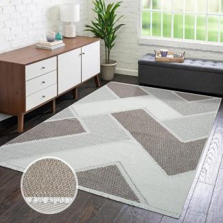 carpet city Teppich Kurzflor Wohnzimmer - Beige - 160x230 cm - Teppiche Fransen Boho-Style - Geometrisches Muster - Schlafzimmer, Esszimmer