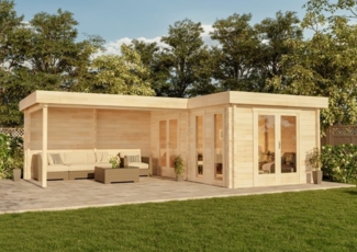 Alpholz Flachdach Gartenhaus Modell Quinta ISO Gartenhaus aus Holz Holzhaus mit 44 mm Wandstärke inklusive Schleppdach Blockbohlenhaus mit Montagematerial