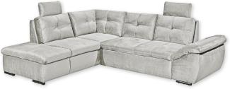 Stella Trading ALIJA Ecksofa mit Schlaffunktion in Silber - Moderne Eckcouch mit Bettkasten und verstellbaren Armlehnen - 265x84 (107) x 217 cm (B/H/T)