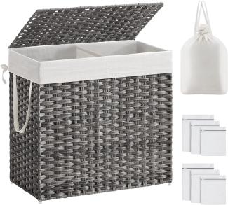 Songmics Wäschekorb mit Deckel, Wäschesammler 130 Liter, 2 Fächer, herausnehmbarer Wäschesack mit Griffen, handgeflochten, für Schlafzimmer, Badezimmer, 33 x 66 x 60 cm, grau LCB253G01