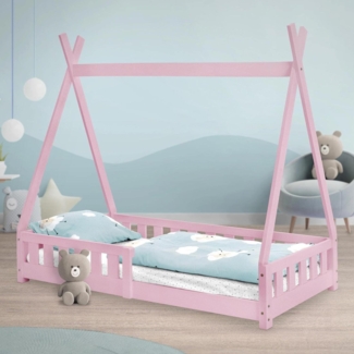 ML-DESIGN Spielbett Hausbett Tipi Zeltbett inkl. Lattenrost Bodenbett Kinder Himmelbett, Abenteuerbett mit Rausfallschutz Zelt Spielbett Kiefer Rosa Kinderhaus