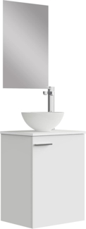 Baikal Badezimmermöbel-Set, 45 cm, inkl. Waschtisch, Melamin, 16 mm, montiertes Möbelstück, Arbeitsplatte + Waschbecken, mit Spiegel, 1 Tür, horizontaler Griff, Weiß