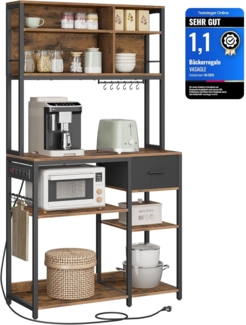 VASAGLE Küchenregal mit Steckdosen, Standregal, Mikrowellen-Regal, verstellbare Ablagen, Stoffschublade, 12 Haken, 40 x 100 x 180,4 cm, für Mikrowellen, Küche