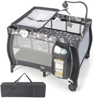 COSTWAY 3 in 1 Babybett klappbar, 2 Ebenen Reisebett mit Faltbarer Matratze, Wickelauflage, Spieluhr, Spielbogen & Tragetasche, Beistellbett mit Rollen für Baby bis 3 Jahren (Dunkelgrau)