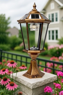 Arnusa LED Solarleuchte Sockelleuchte Außenleuchte Kupferoptik kabellos Akku Solar Laterne, Duo Color Farbeinstellung, LED fest integriert, warmweiß, kaltweiß, Duo Color Farbeinstellung helle Solarlampe