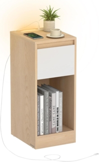 VASAGLE Nachttisch, schmal, Beistelltisch, LED-Beleuchtung, 1 USB-A-Anschluss, 1 USB-C-Anschluss, Schublade, offenes Fach, für Schlafzimmer, Wohnzimmer, mandelgelb-wolkenweiß LETDE610Y01