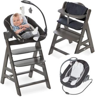 Hauck Alpha Plus Newborn Set Deluxe - Baby Holz Hochstuhl ab Geburt mit Liegefunktion - inkl. Aufsatz für Neugeborene & Sitzpolster - mitwachsend, verstellbar - Charcoal Grau