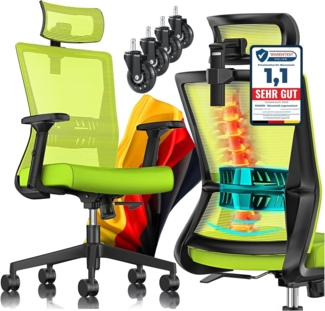 KESSER® Bürostuhl mit verstellbaren Armlehnen | Drehstuhl mit Lendenwirbelstütze Rückenschonend | Schreibtischstuhl ergonomisch mit Kopfstütze | Office Chair Wippfunktion bis 125° mit 5x Gummirollen Grün / Schwarz