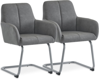 SeedWave Freischwinger PU-Leder Freischwinger Stühle mit Armlehnen, Ergonomisches Rückenlehne, 2er Set, Grau,Gepolsterter Esszimmerstühle mit verstärkte Ecken