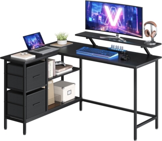 VASAGLE L-förmiger Schreibtisch, 2 geräumige Schubladen, Computertisch mit Monitorständer, Eckschreibtisch, Gaming-Tisch mit Verstellbarer Ablage 135x105 cm ebenholzschwarz LWD098B56