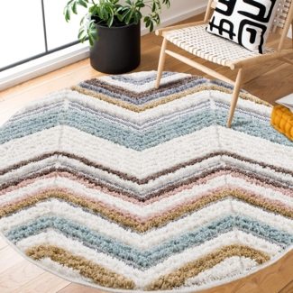 Teppich Rund - Hochflor - 160x160cm - Boho - Geometrisch Zick Zack - Muster -Pastellfarben Multi - Skandinavisch Flauschig Weich - Wohnteppich Schlafzimmer Dekoration