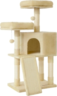 FEANDREA Kratzbaum klein, Katzenbaum mit Kratzbrett, Plattformen, für Katze, weicher Plüsch, 115 cm, vollständig mit Sisal umwickelte Säule, beige