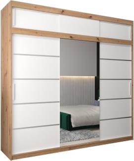 Kryspol Schwebetürenschrank Verona 2-250cm mit Spiegel Kleiderschrank mit Kleiderstange & Einlegeboden Schlafzimmer-Wohnzimmerschrank Schiebetüren Modern Design (Artisan Eiche + Weiß mit Erweiterung)