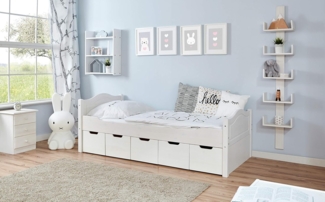 Ticaa Einzelbett 'Leni' 100x200 Kiefer massiv - mit 5er Schubkästen - weiß