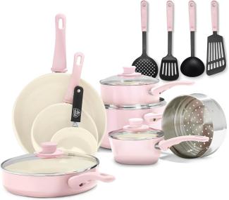 GreenLife Soft Grip Gesunde keramische Antihaftbeschichtung, 16 teiliges Kochgeschirr Set mit Bratpfanne, Stielkasserolle und Kochtopf, PFAS-frei, spülmaschinenfest, Backofenfest, Pink