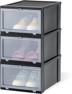 Iris Ohyama, Boxen, Schuh-Organizer aus Kunststoff, 14 l, 3er-Set, stapelbar, BPA-frei, EUDF-M, schwarz, stapelbar, Verschlussclips ? B35,5 x T28 x H18 cm