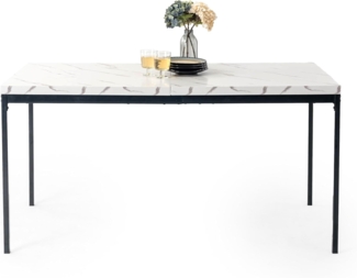 FurnitureR Esstisch 150cm Heller Luxus-Marmoreffekt-Küchentisch mit Hochleistungsmetallbeinen Moderner hölzerner rechteckiger Esstisch für 4-6 Person Esszimmer Restaurant Apartments, weißer Marmor