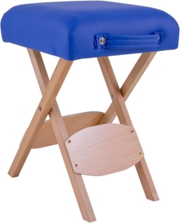 QUIRUMED Klapphocker aus Holz mit Sitz, blau gepolstert, vielseitig einsetzbar, Beistelltisch, Fußstütze, Kunstleder, transportabel, bis 100 kg, 33 x 33 x 48