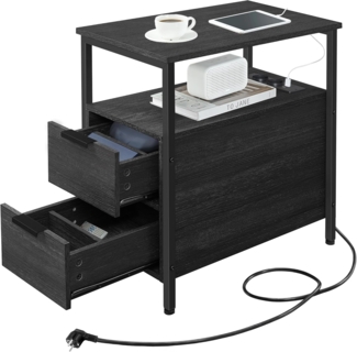 VASAGLE Beistelltisch, 2er Set, Nachttisch mit Steckdosenleiste, 2 Schubladen, Sofatisch, Nachtschrank für Wohnzimmer, Schlafzimmer, anthrazitgrau-klassikschwarz LCT648B22