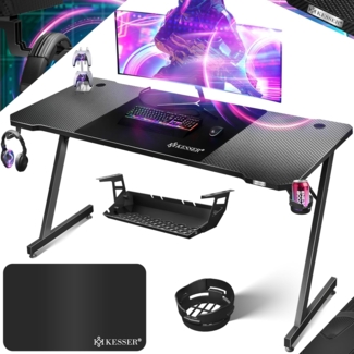 KESSER® Gaming Tisch LED | Z-Form Gamer Schreibtisch | Kopfhörerhaken & Kohlebeschichtung | Ergonomischer PC Computertisch | Stabiler Tisch mit Mauspad & Getränkehalter Schwarz Carbon, 180 x 80 cm
