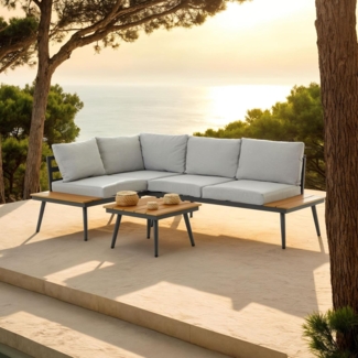 CARO-Möbel Garten-Essgruppe PAROS, Outdoor Sofa mit Beistelltisch, Garten Ecksofa grau und holzoptik