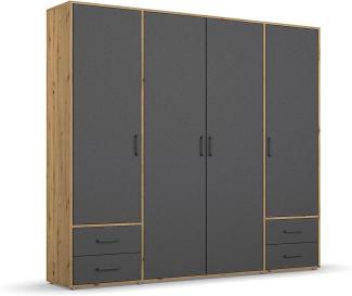 rauch Kleiderschrank; Drehtürenschrank VOYAGER, 4-türig, 4 Schubkästen, Graumetallic/Eiche Artisan, 187x194x53xcm