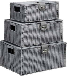 HOMCOM Aufbewahrungskorb 3er-Set Aufbewahrungsboxen mit Deckel und Schnallen (Ordnungsboxen, 3 St, Aufbewahrungskorb), Grau PP, Metall
