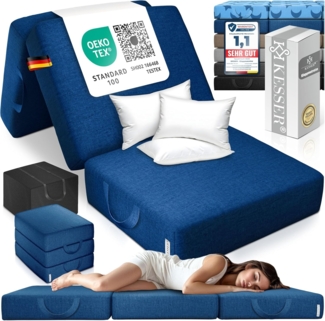 KESSER® Klappmatratze Gästematratze 3-fach Faltmatratze faltbar zum Sitzhocker | Schaumstoff 25kg/m³ extra dick 15cm atmungsaktiv waschbar abnehmbarer Bezug | Matratze inkl. Camping Tragetasche Navyblau, 90 x 195 x 15 cm