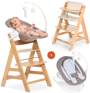 Hauck Alpha Plus Natur Newborn Set Deluxe - Baby Holz Hochstuhl ab Geburt mit Liegefunktion - inkl. Aufsatz für Neugeborene & Sitzpolster - mitwachsend, verstellbar