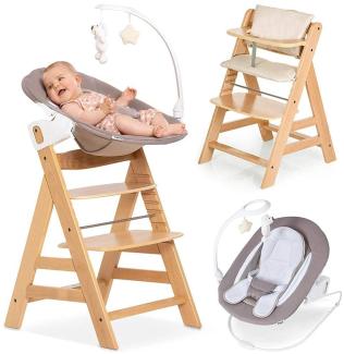 Hauck Alpha Plus Natur Newborn Set Deluxe - Baby Holz Hochstuhl ab Geburt mit Liegefunktion - inkl. Aufsatz für Neugeborene & Sitzpolster - mitwachsend, verstellbar