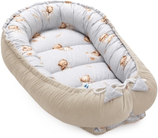 Pepi Babynest – Kuschelnest für Neugeborene – 100% Baumwolle & Velvet – OEKO-TEX Füllung – Handmade in Polen – Motiv: Grey Sleeping Teddy Bear Cappuccino